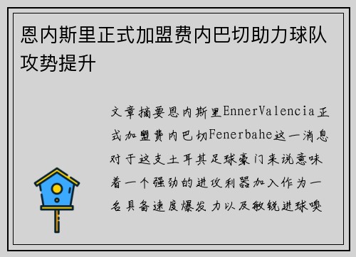 恩内斯里正式加盟费内巴切助力球队攻势提升